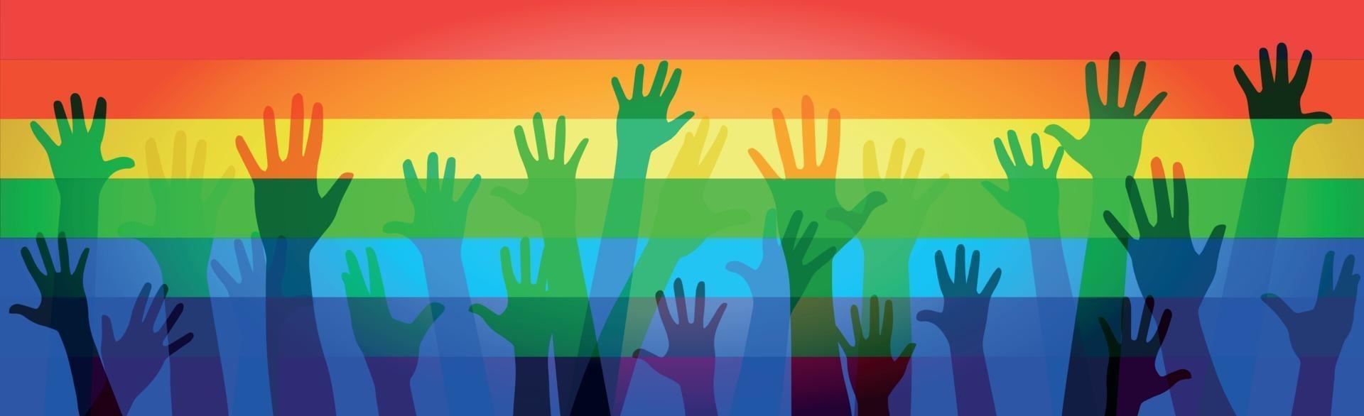 Many multi-colored hands on a rainbow flag vector