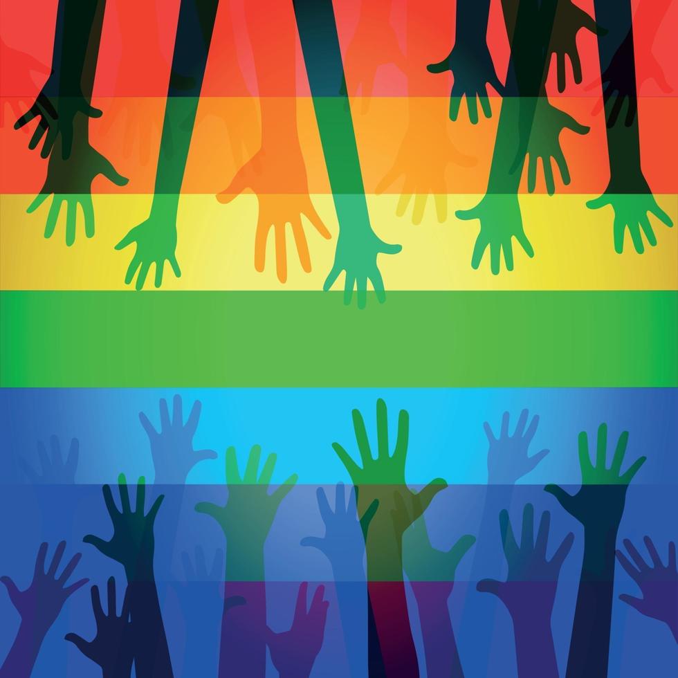 Many multi-colored hands on a rainbow flag vector