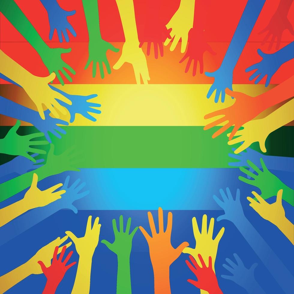 Many multi-colored hands on a rainbow flag vector