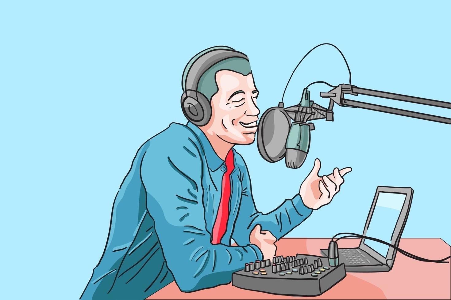 Boardcasting de influencers en estudio, dj en vivo en estudio, discurso del orador para motivar a la audiencia, transmisión en vivo de podcaster para el seguidor, contenido para el colaborador, ilustración vectorial plana vector