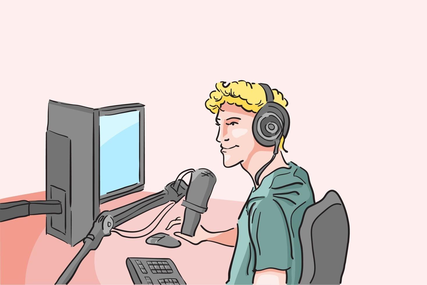 streamer con dispositivos para transmisión, jugador profesional jugando juegos en línea, podcasting en vivo de influencers en línea, reunión de programadores con chat, contenido para contribuyentes, ilustración vectorial plana vector