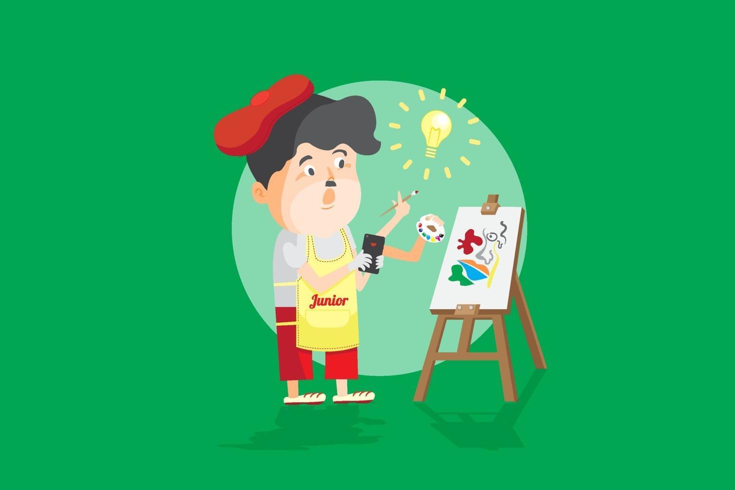 Amateur artist learning form online lesson in smartphone, studying in art class online streaming, like face to face training  cartoon flat vector illustration.