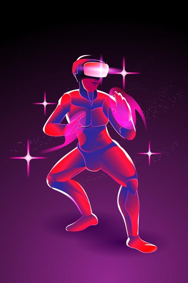 The man posing prepare to fight, by wearing virtual reality machine VR, imagination to fight someone in digital world, tai chi, kung fu, karate, taekwondo, jujutsu, vector illustration in violet.