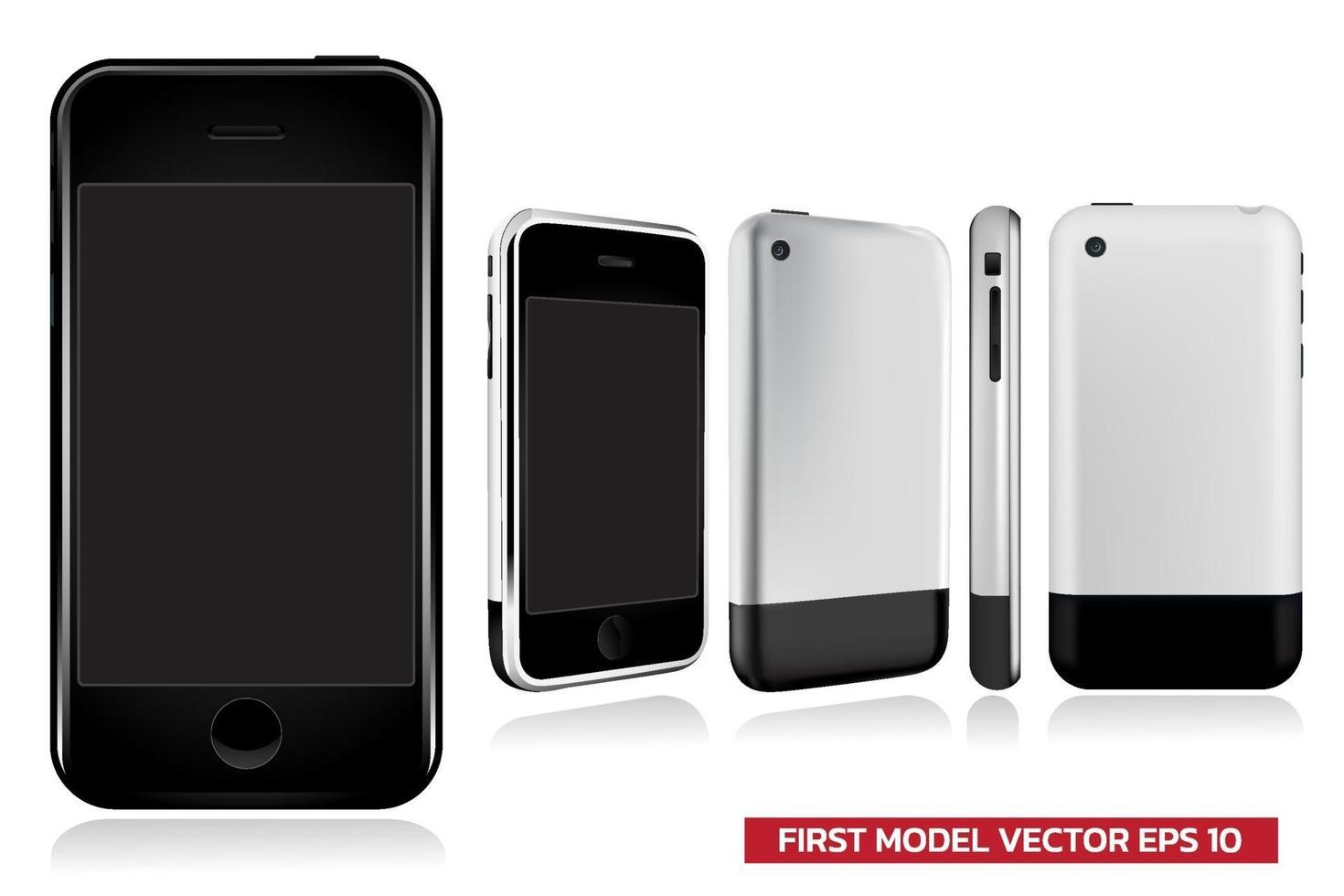 First Generation of model smartphone in different view front, side, back, Mock up realistic vector illustration on white background.