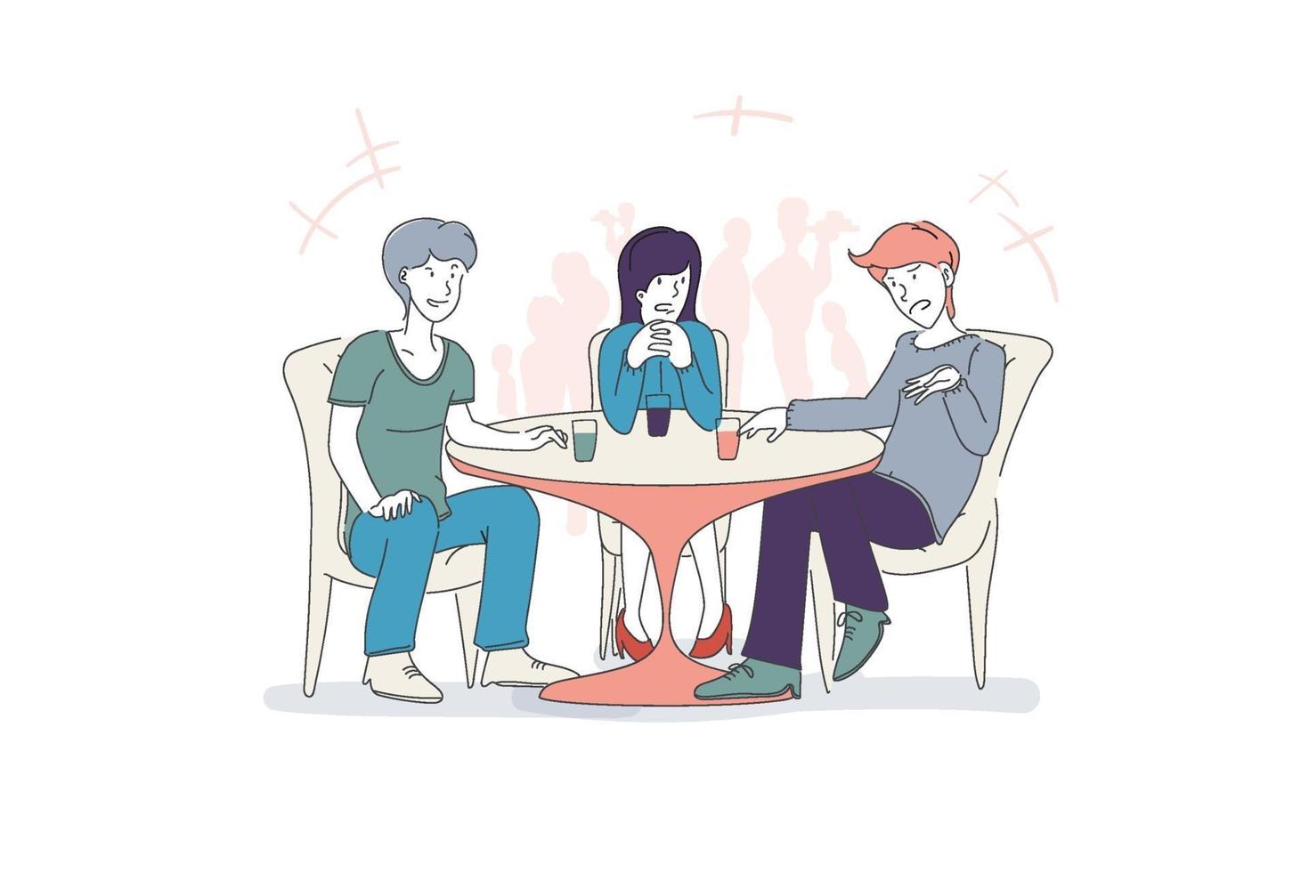 Casual time for friends meeting, friends enjoying at cafeteria, cartoon vector illustration