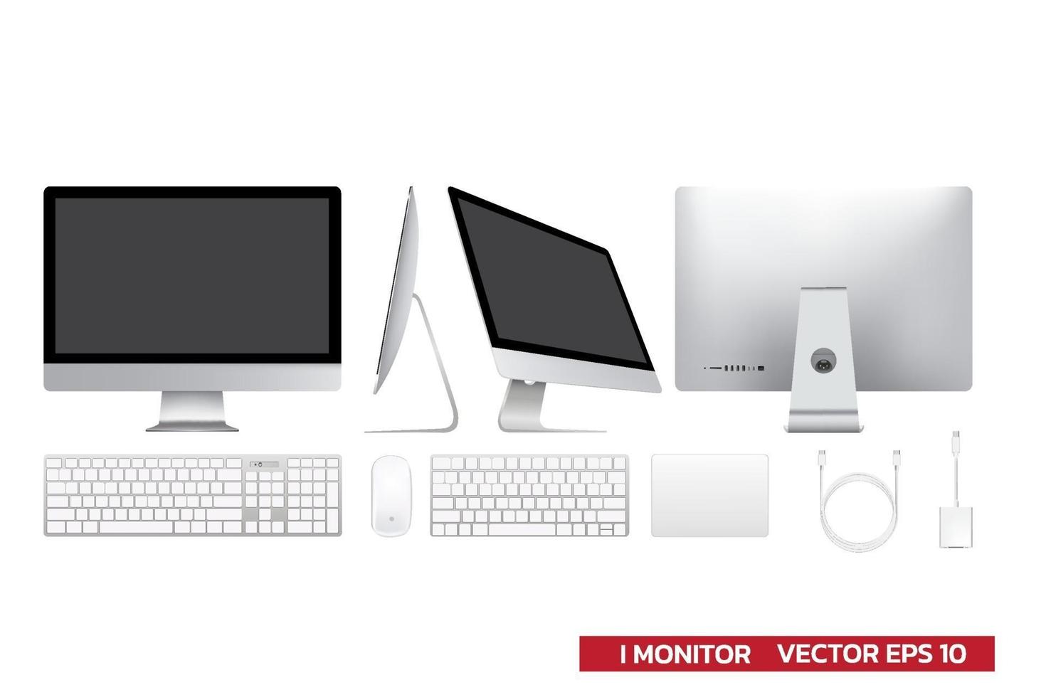 maqueta de monitor de pantalla con accesorios, teclado, mouse, trackpad, adaptador de cable usb, ilustración vectorial realista para gráficos de maqueta, todo en una pantalla sobre fondo blanco. vector