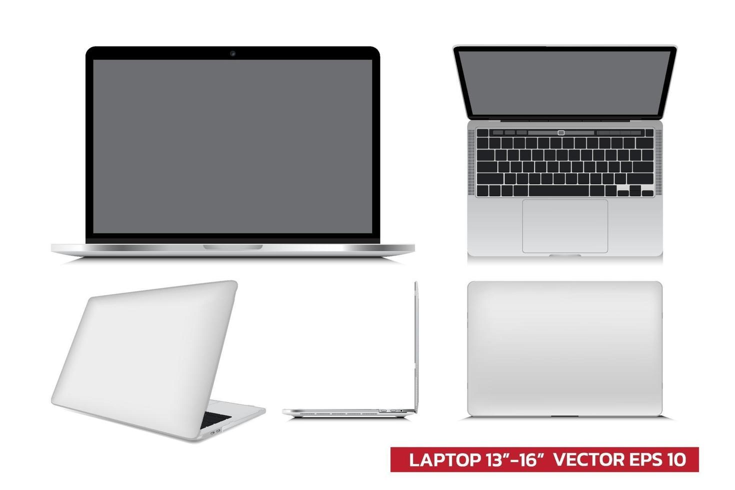 laptop mockup with different view front, side top, 3d, realistic vector illustration for mockup graphic, architectural drawing on white background.