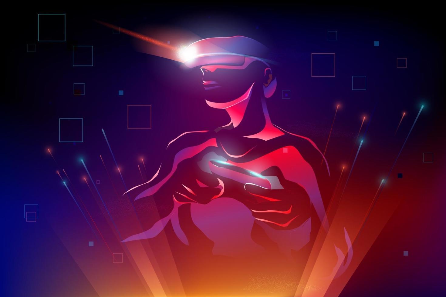 Silueta hombre vestido con dispositivo de realidad virtual vr jugando, movimiento de movimiento en el mundo digital abstracto 3d, ilustración vectorial vector