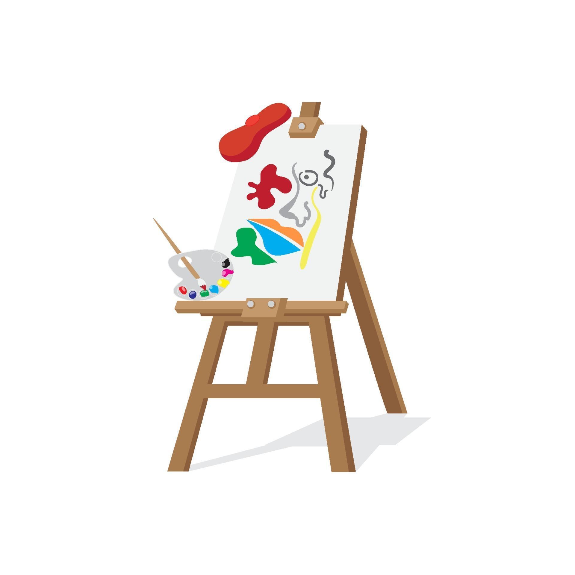 Artist workplace with equipments, easel with canvas, artist beret