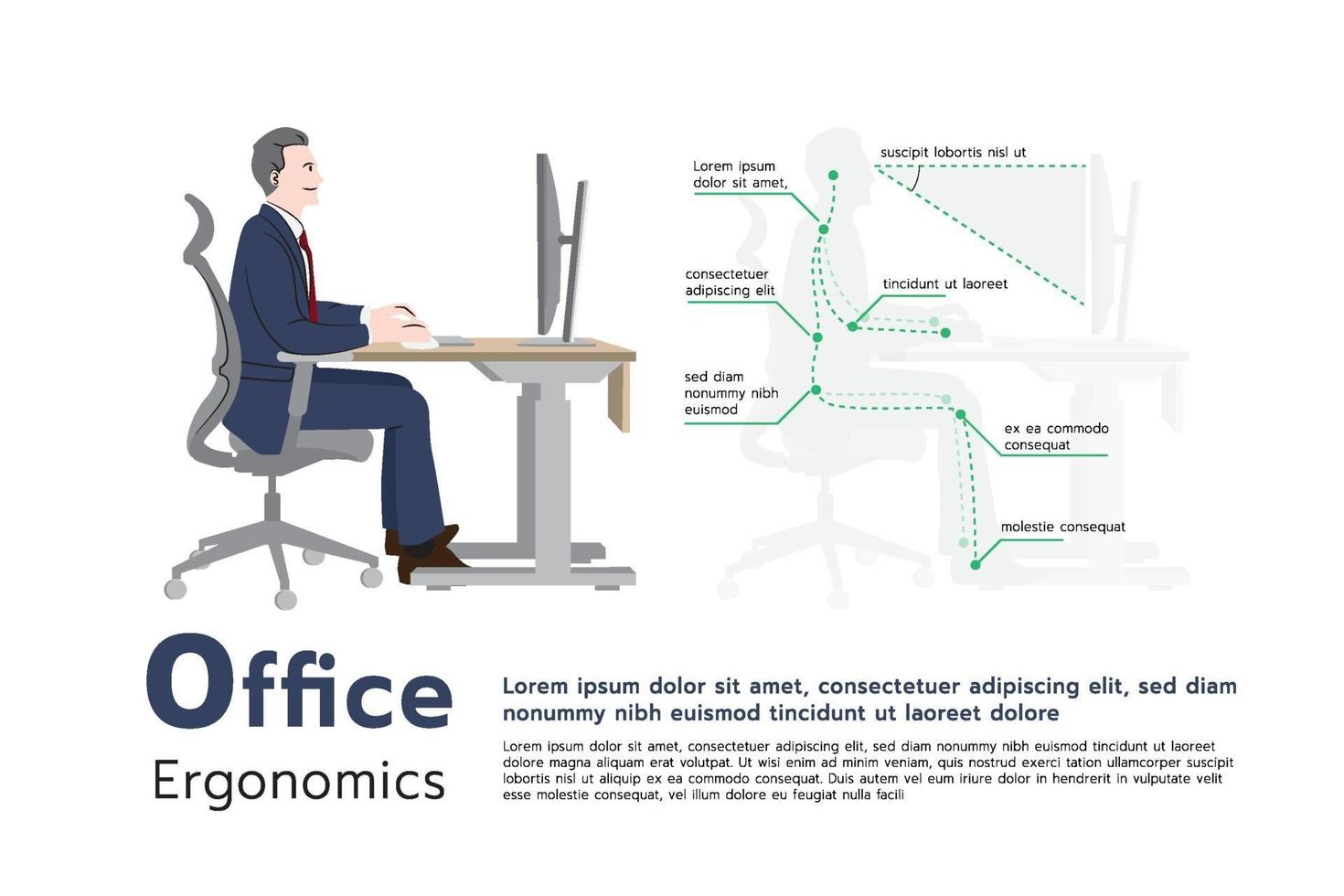 Infographic how to prevent office syndrome, Office Ergonomic Sitting Posture at a computer, flat graphic illustration vector