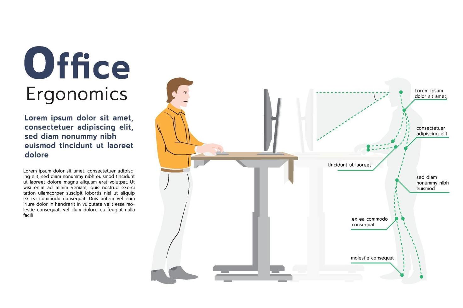 Infographic how to prevent office syndrome, Office Ergonomic Standing Posture at a computer, flat graphic illustration vector