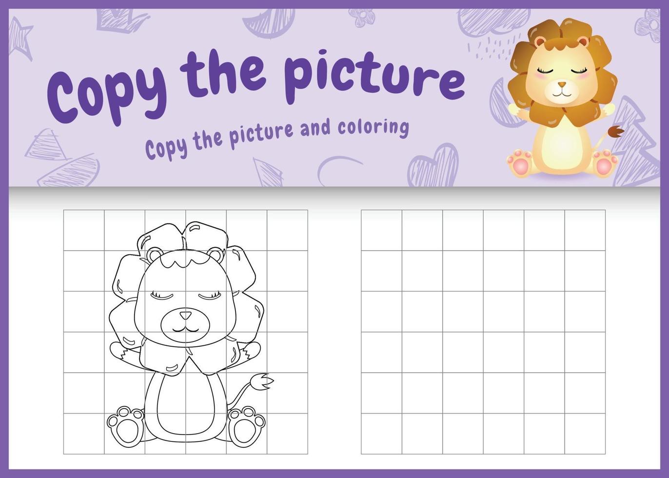 Copie la imagen del juego para niños y la página para colorear con una linda ilustración de personaje de león vector