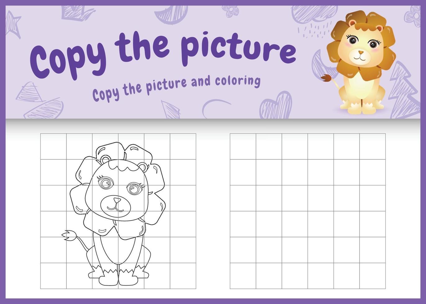 copy the picture kids game and coloring page with a cute lion character illustration vector