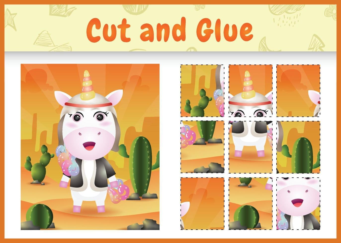 Children board game cut and glue themed easter with a cute unicorn using arabic traditional costume vector