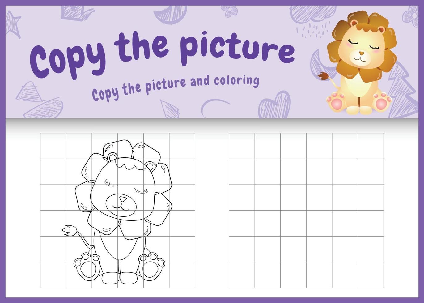 copy the picture kids game and coloring page with a cute lion character illustration vector