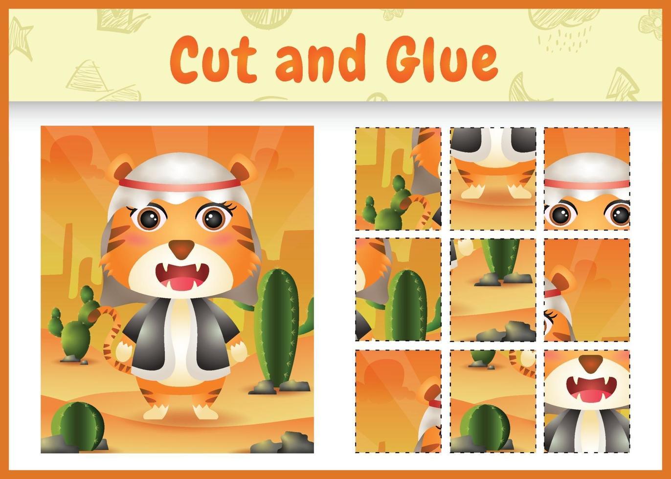 Children board game cut and glue themed easter with a cute tiger using arabic traditional costume vector