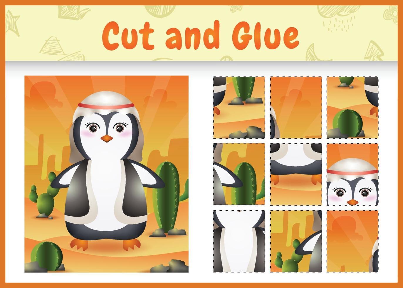 Children board game cut and glue themed easter with a cute penguin using arabic traditional costume vector