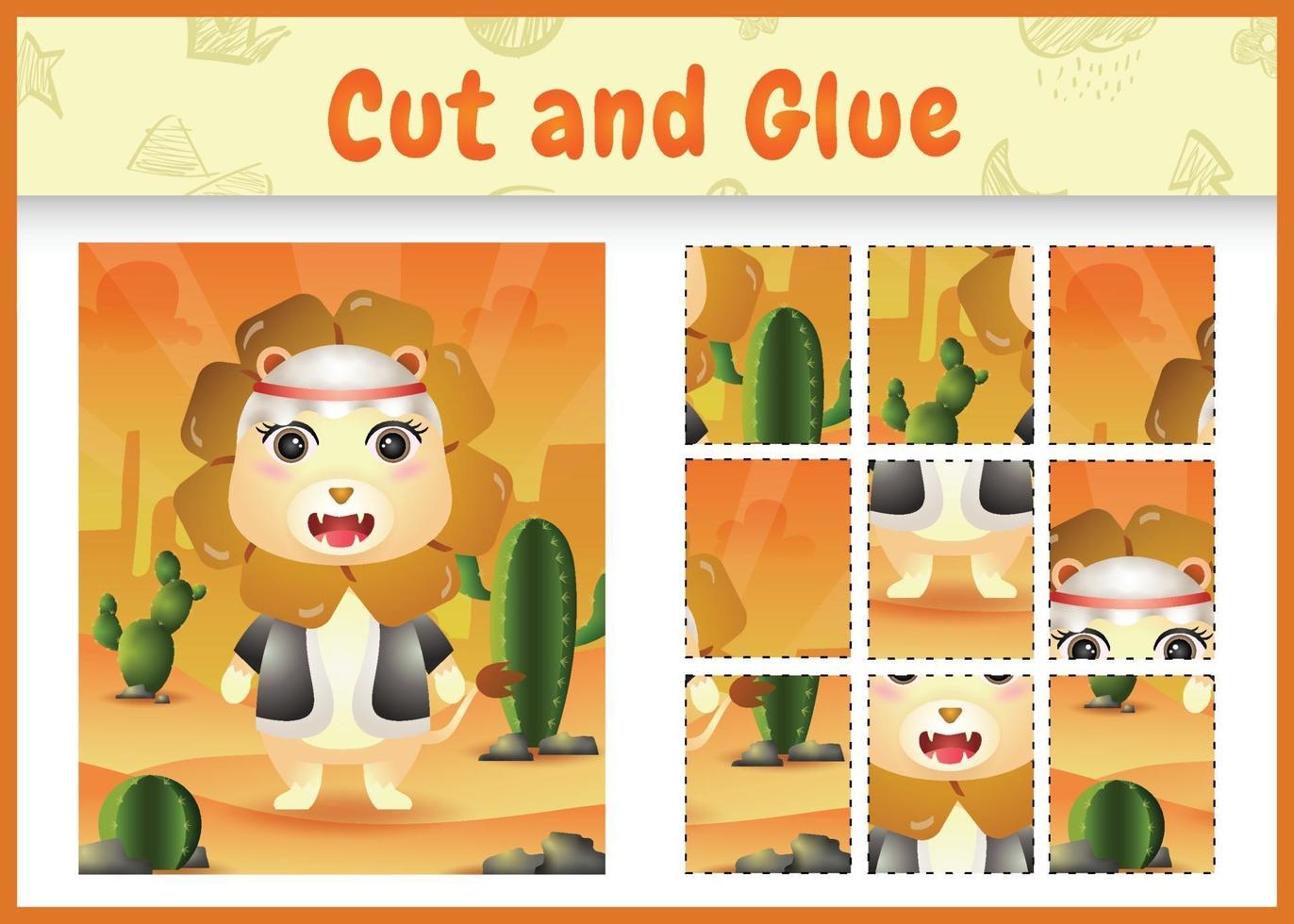 Children board game cut and glue themed easter with a cute lion using arabic traditional costume vector