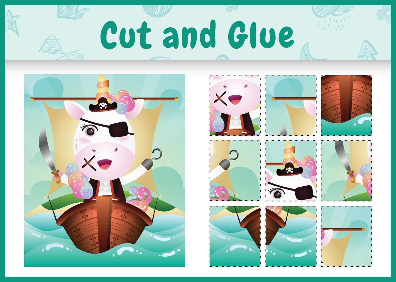 Children board game cut and glue themed easter with a cute pirate unicorn character illustration on the ship vector