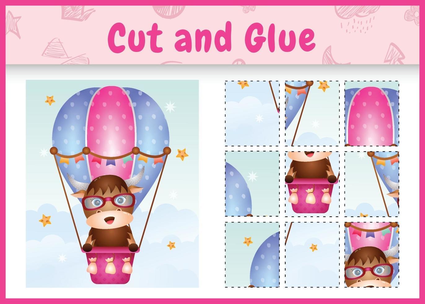 Children board game cut and glue with a cute buffalo on hot air balloon vector