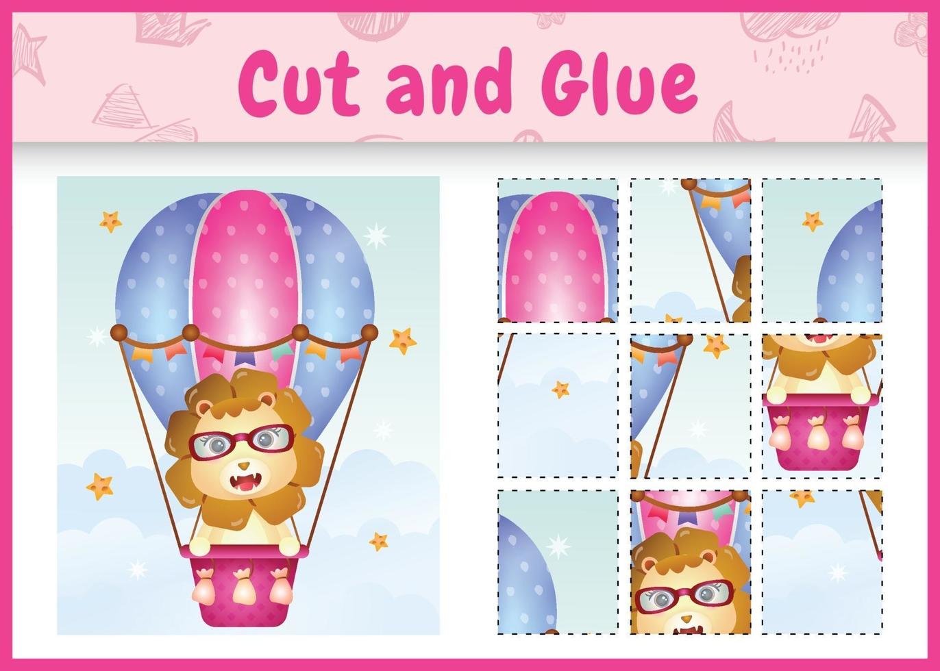 Children board game cut and glue with a cute lion on hot air balloon vector