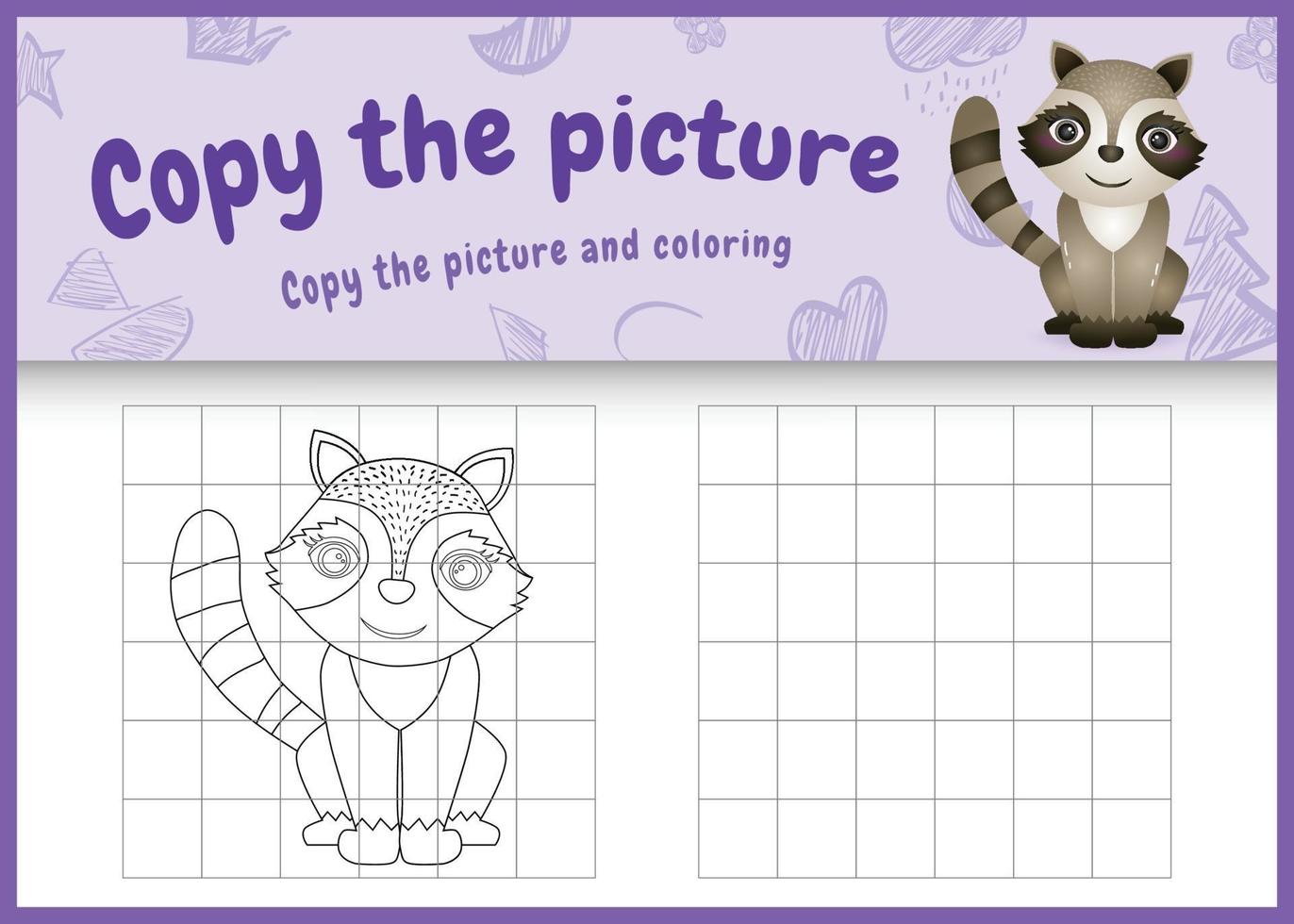 copy the picture kids game and coloring page with a cute raccoon character illustration vector