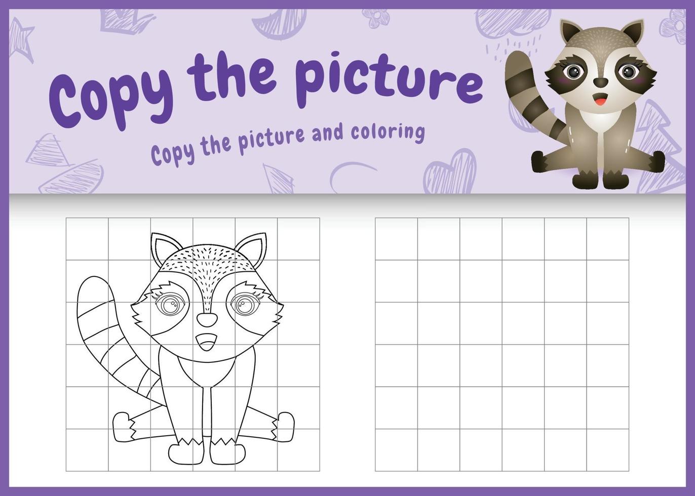 Copie la imagen del juego para niños y la página para colorear con una linda ilustración de personaje de mapache vector