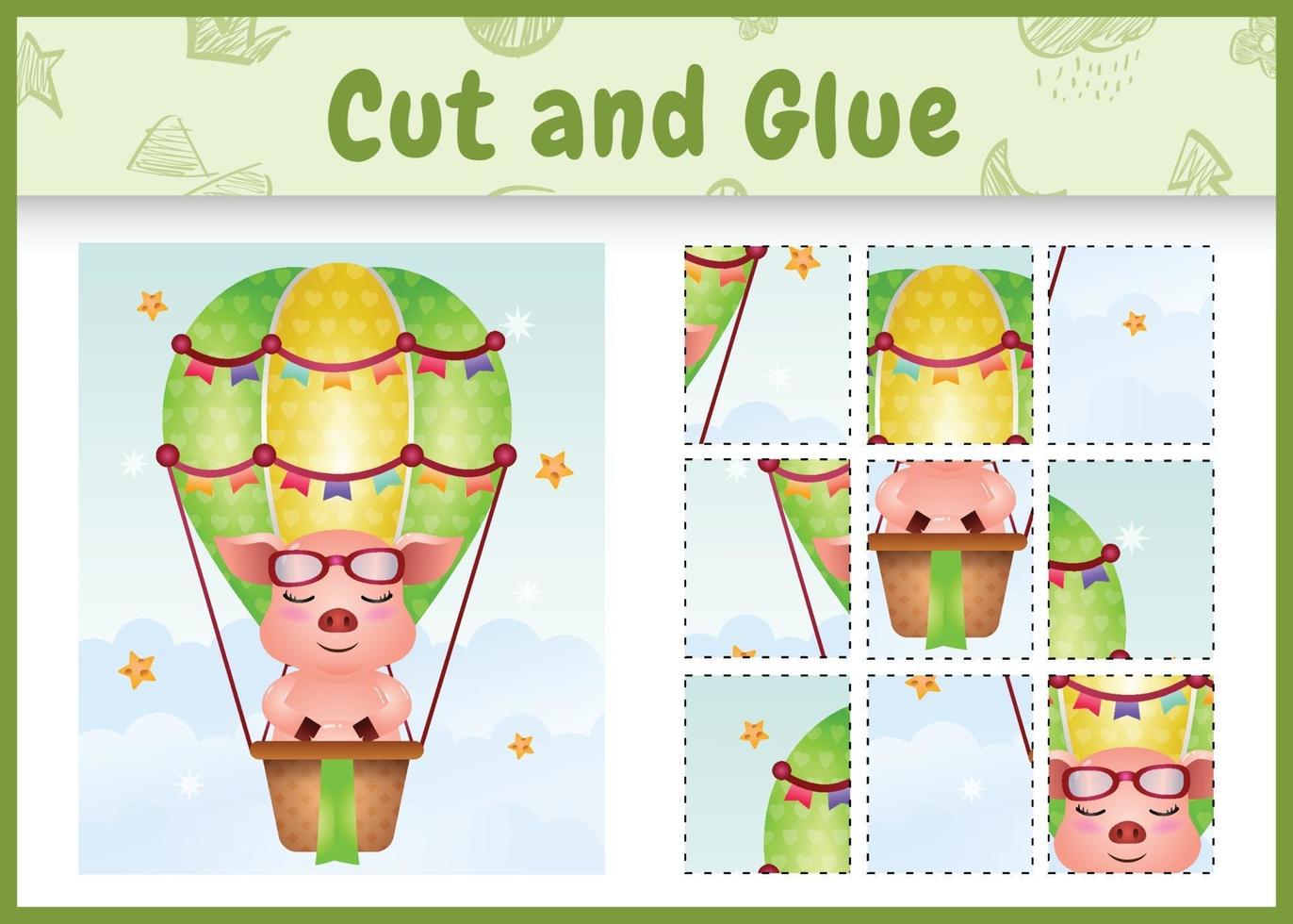 Children board game cut and glue with a cute pig on hot air balloon vector