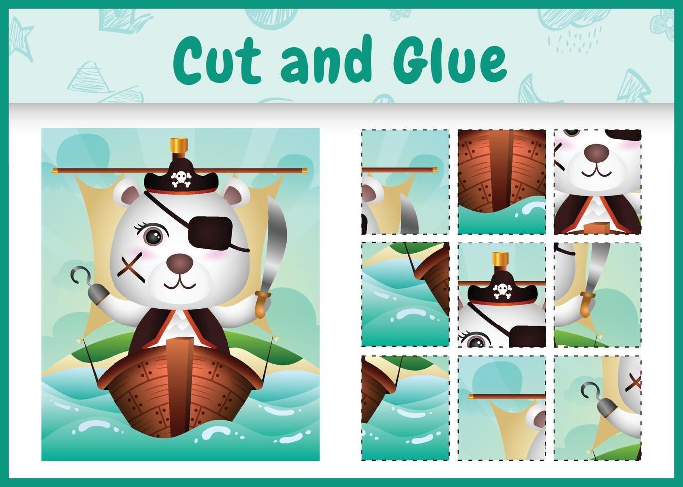 Children board game cut and glue themed easter with a cute pirate polar bear character illustration on the ship vector