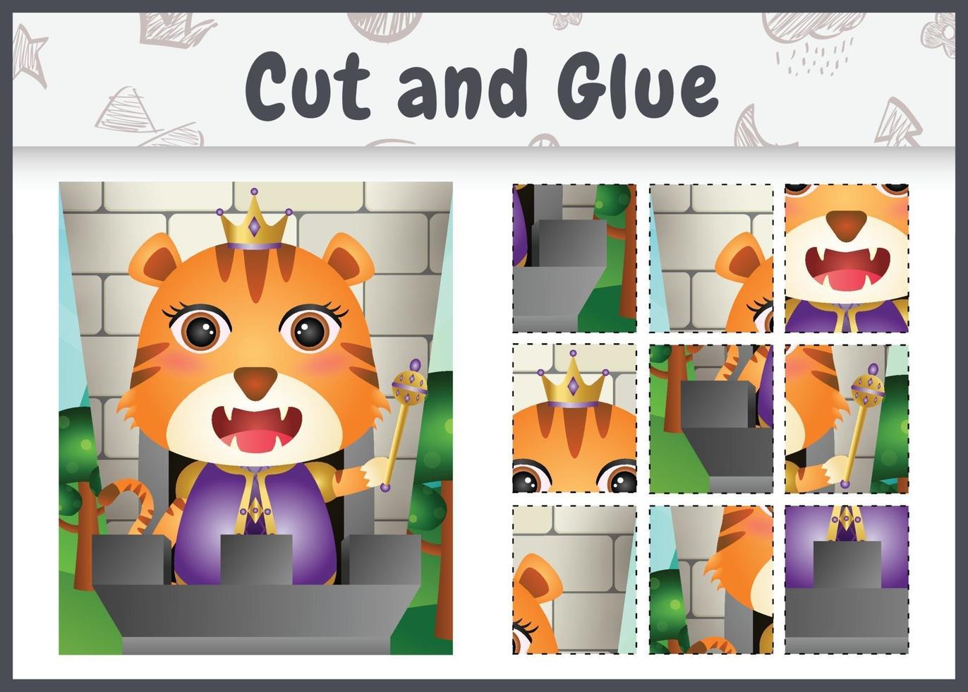 Children board game cut and glue with a cute king tiger character illustration vector