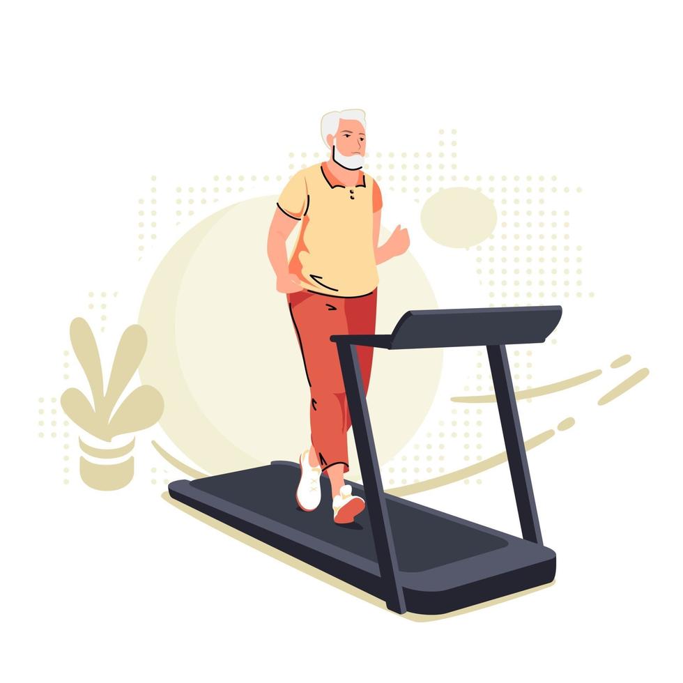 Active senior man on a treadmill at home. Lifestyle sport activities in old age. Sportive grandfather on training machine, cartoon character. Gym tool. Vector illustration in modern flat style.