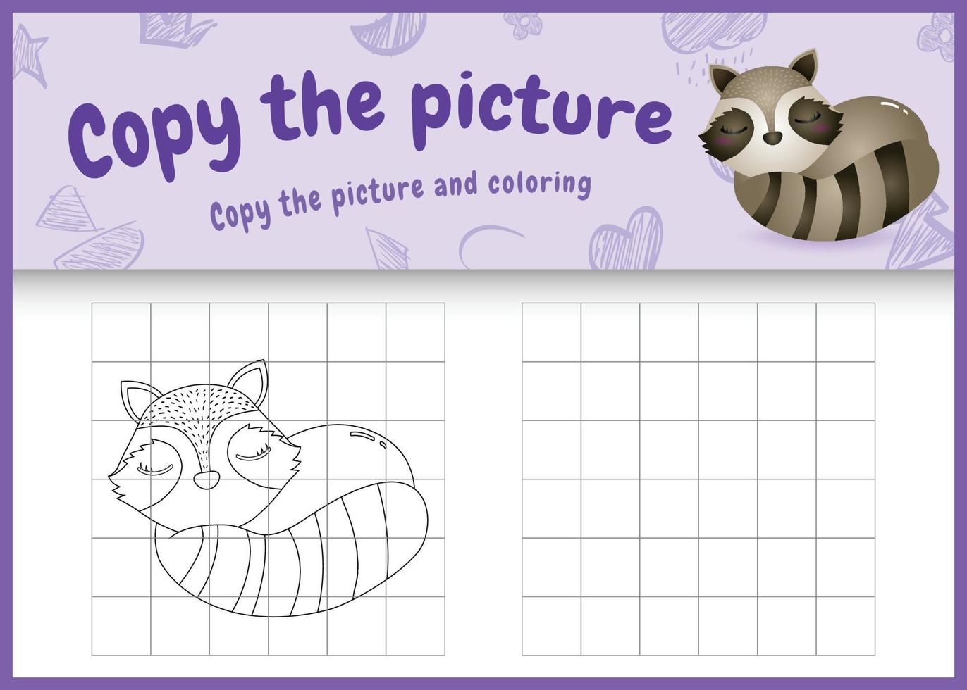 copy the picture kids game and coloring page with a cute raccoon character illustration vector