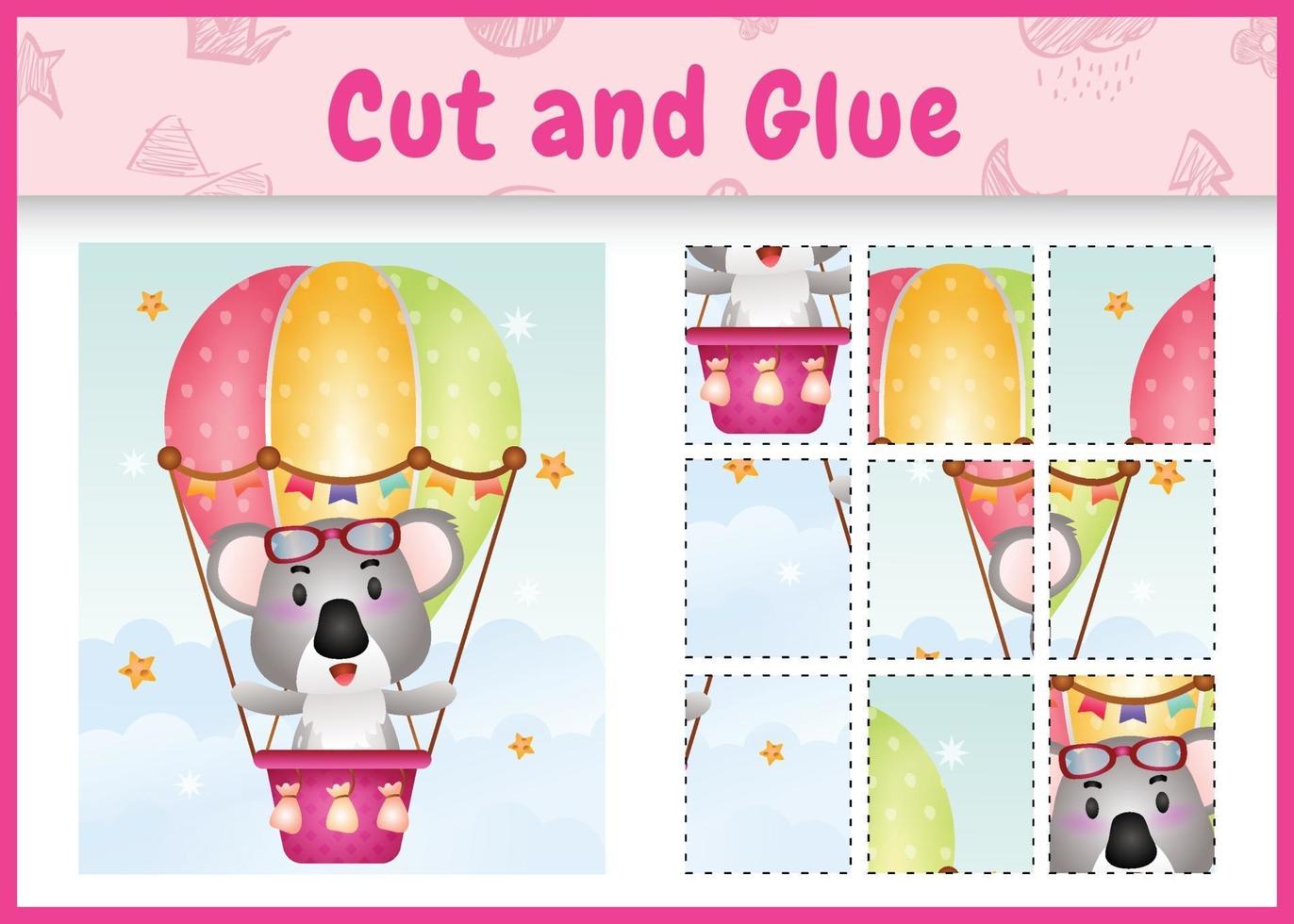 Children board game cut and glue with a cute koala on hot air balloon vector