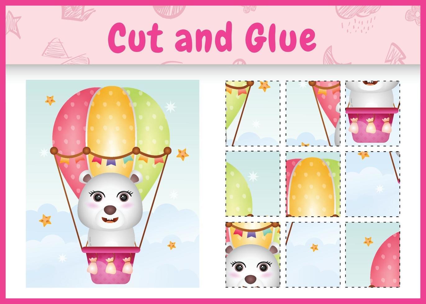 Children board game cut and glue with a cute polar bear on hot air balloon vector