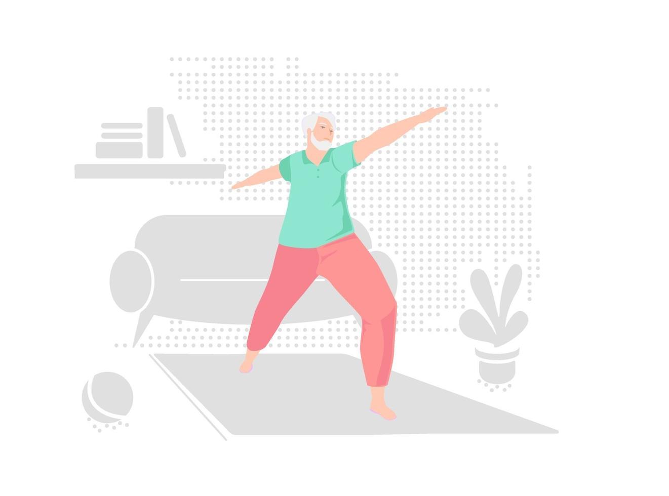 Elderly man alone does yoga at home. Indoor retired leisure. Active healthy lifestyle quarantined. Sport, fitness for senior person. Balance training. Old character doing exercises vector illustration