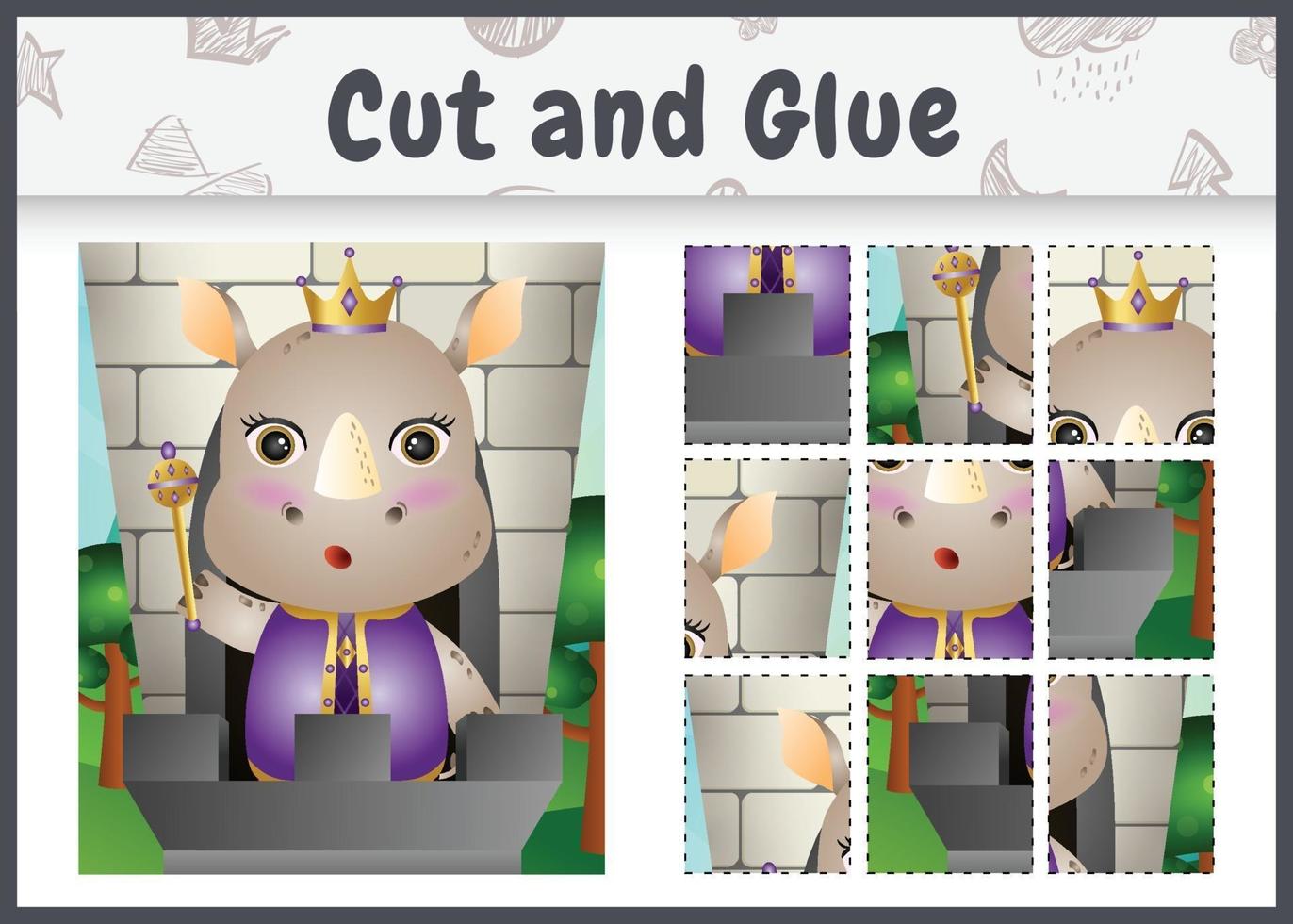 Children board game cut and glue with a cute king rhino character illustration vector