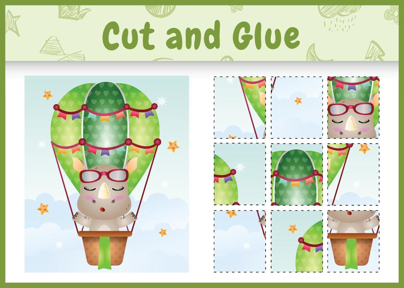 Children board game cut and glue with a cute rhino on hot air balloon vector