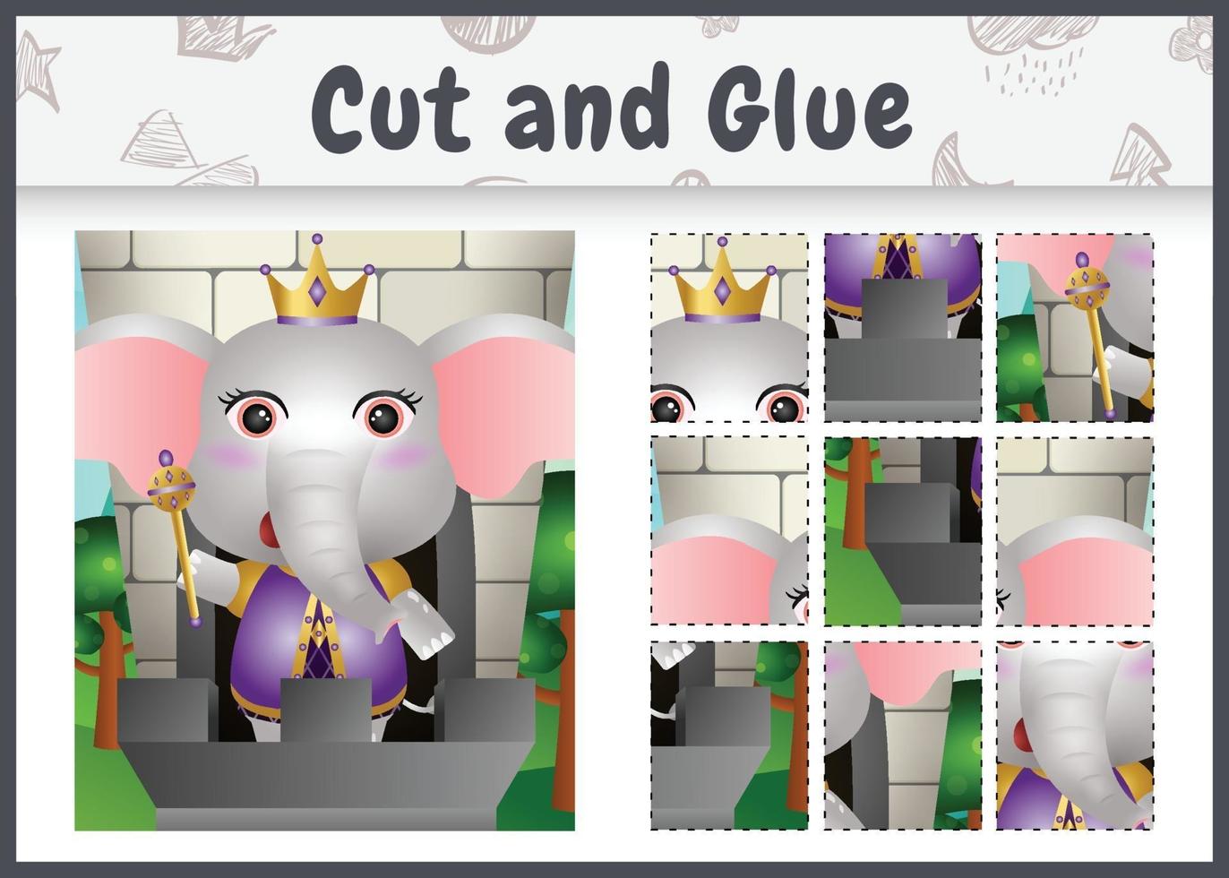 Children board game cut and glue with a cute king elephant character illustration vector