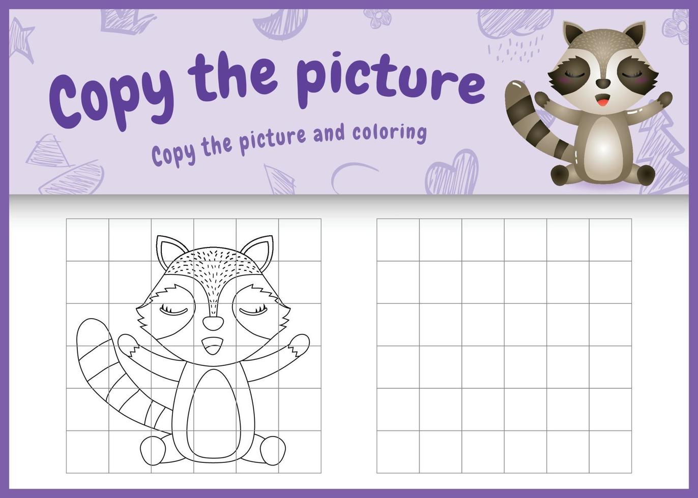 Copie la imagen del juego para niños y la página para colorear con una linda ilustración de personaje de mapache vector
