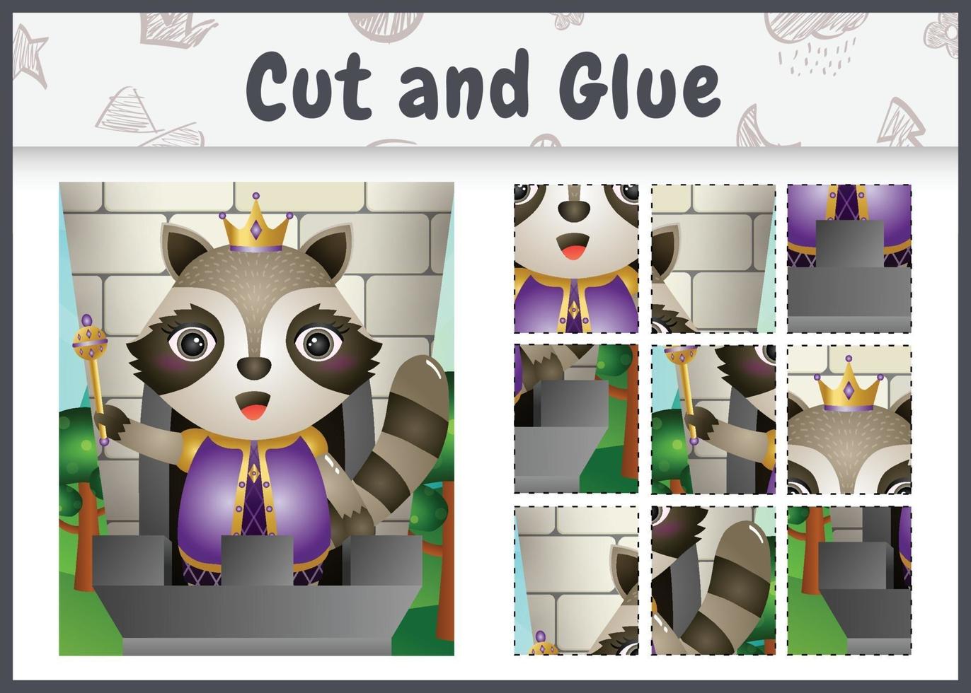 Children board game cut and glue with a cute king raccoon character illustration vector