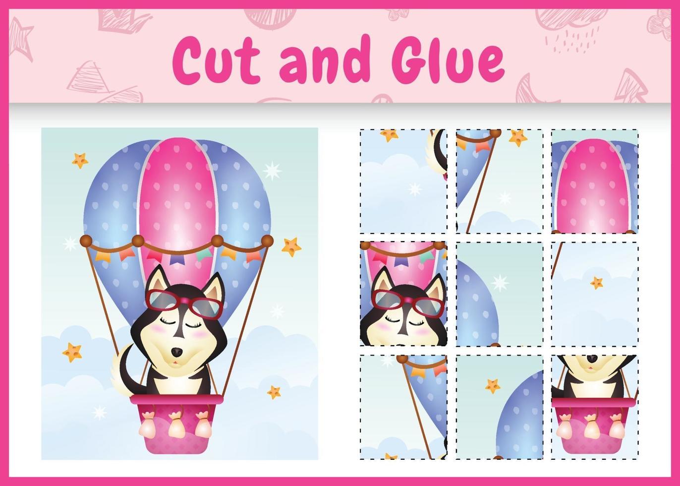 Children board game cut and glue with a cute husky dog on hot air balloon vector