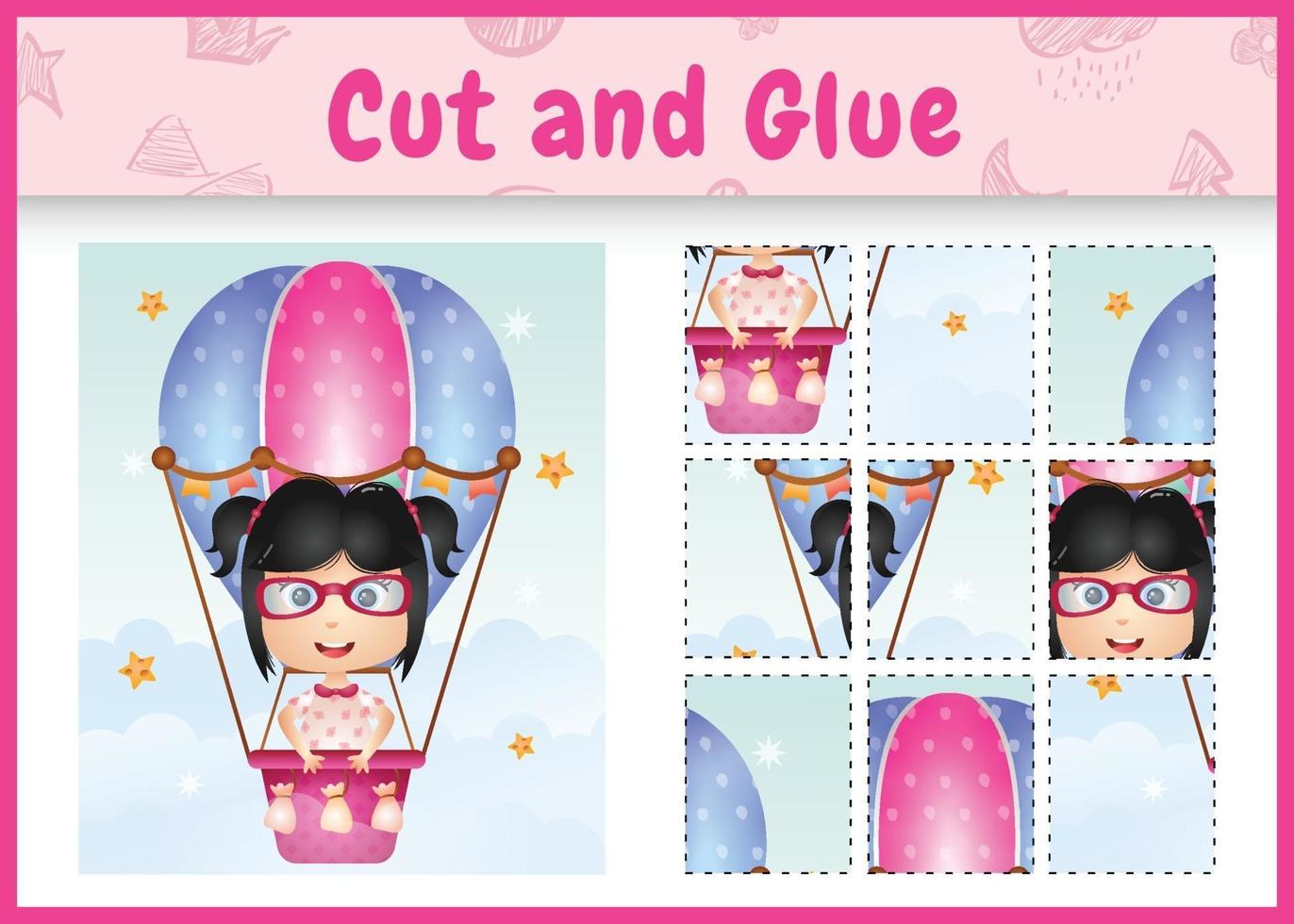 Children board game cut and glue with a cute girl on hot air balloon vector