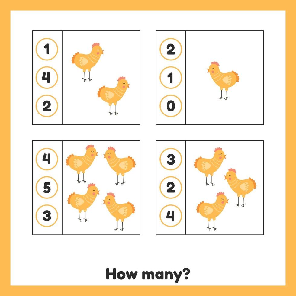 How many chickens. Worksheet for kids kindergarten, preschool and school age. Learning numbers. Counting game. vector