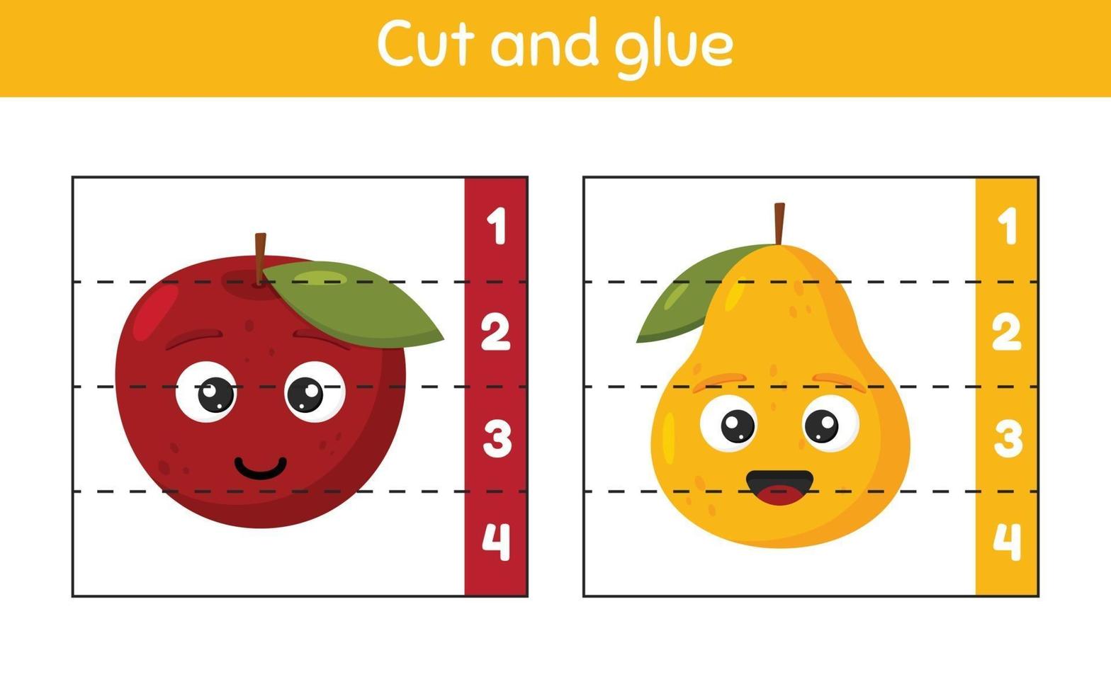 Cut and glue. Learning numbers. Worksheet for kids kindergarten, preschool and school age. Apple and pear. vector
