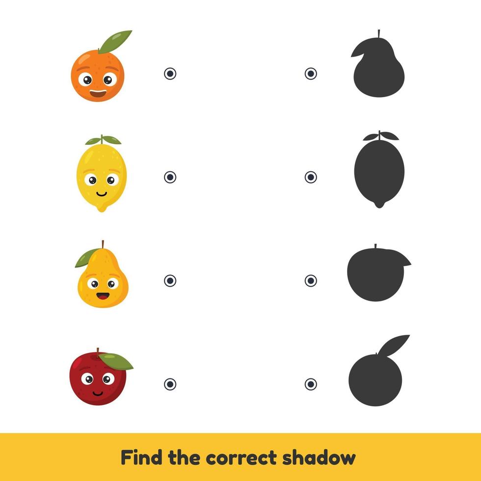 Matching game for kids preschool and kindergarten age. Find the correct shadow. Cute fruits. vector