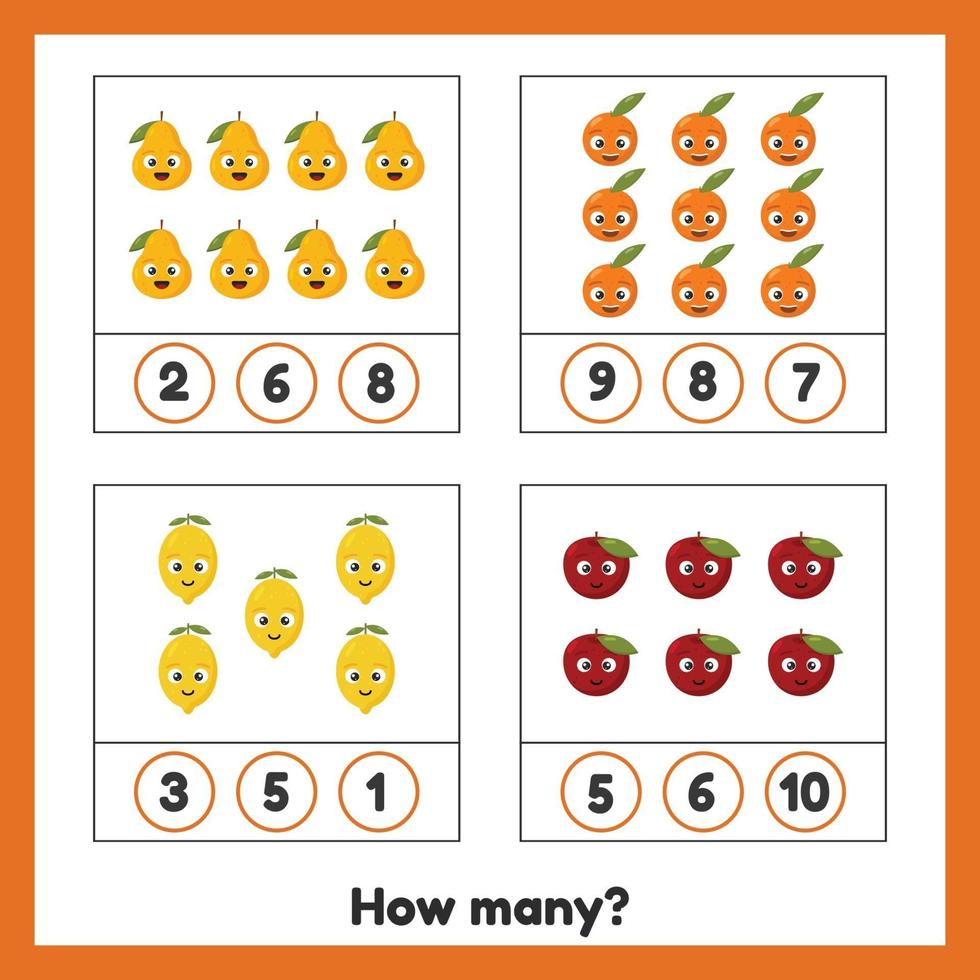 How many fruits. Apple, pear, orange and lemon. Worksheet for kids