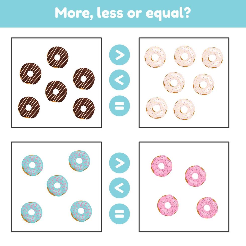 más, menos o igual. Juego educativo de matemáticas para niños en edad preescolar y escolar. rosquillas vector