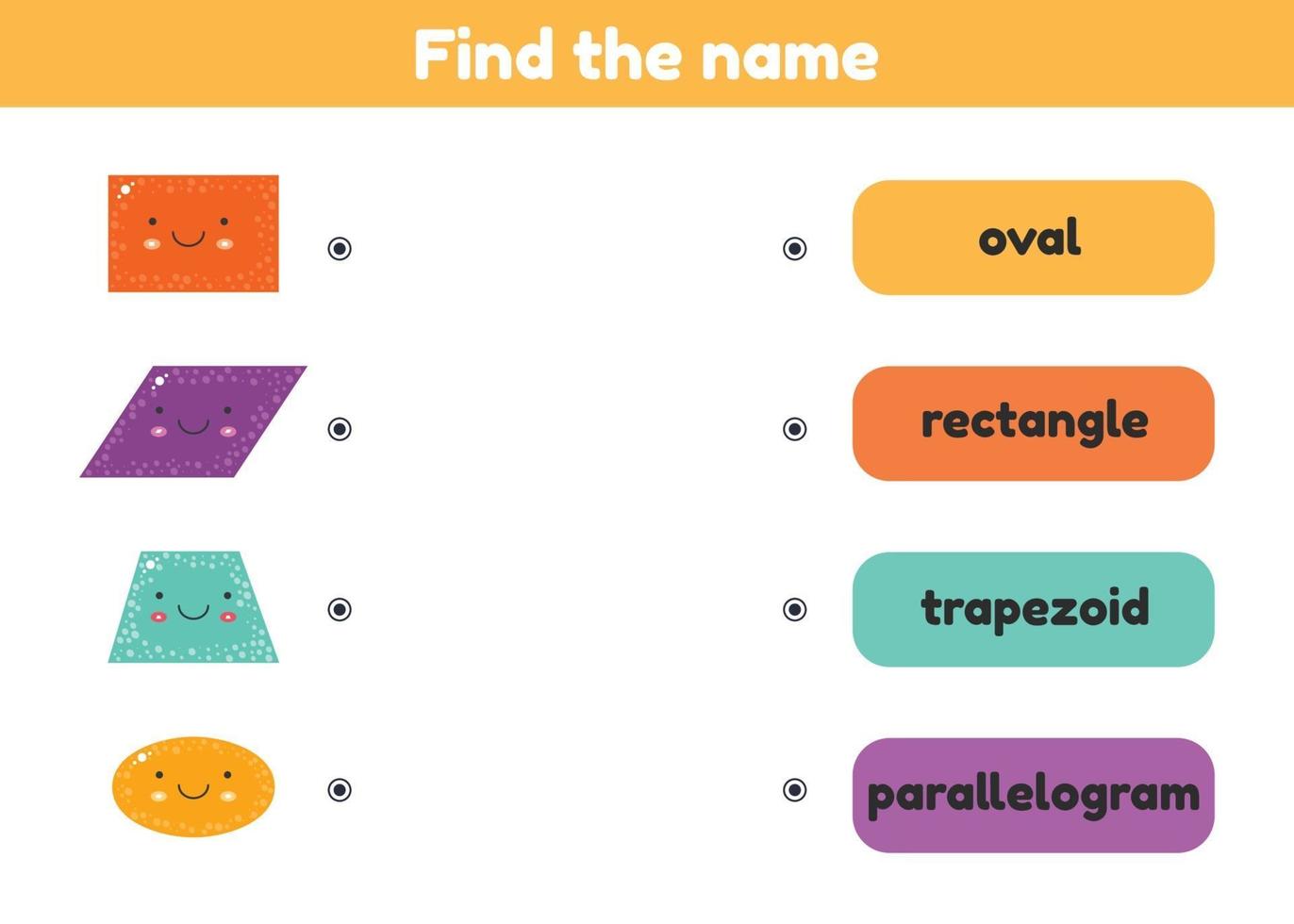 Find the name. Matching game. Geometrical figure. Worksheet for kids kindergarten, preschool and school age. vector