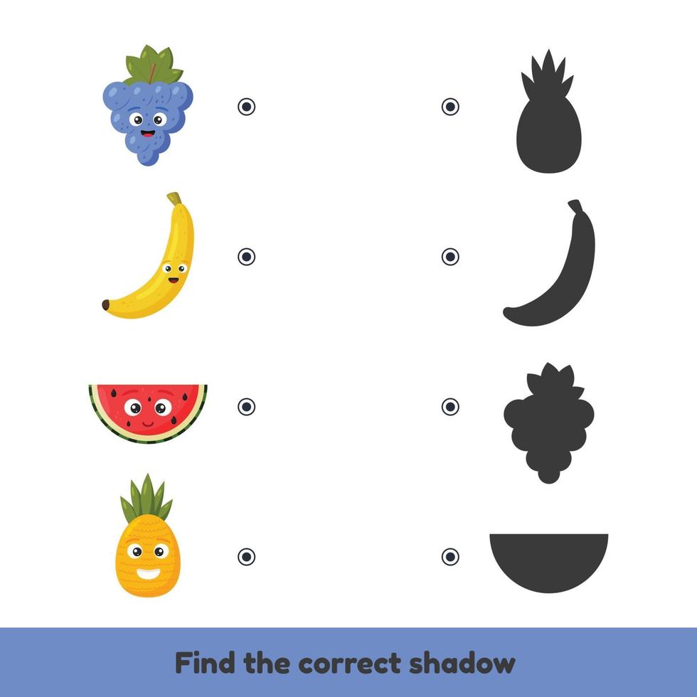 Matching game for kids preschool and kindergarten age. Find the correct shadow. Cute fruits. vector