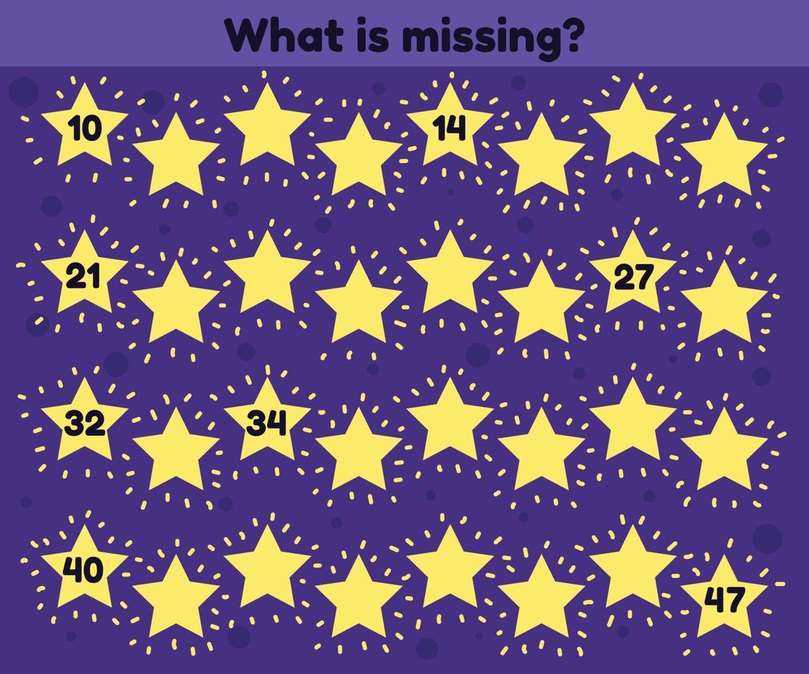 What is misssing number. Worksheet for kids kindergarten. preschool and school age. Stars. vector